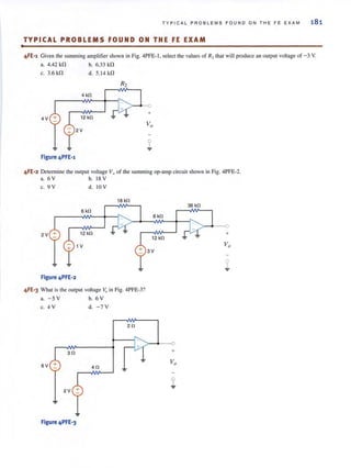 •
TYPICAL PR OB LEMS FO U ND ON THE F E EXA M 181
TYPICAL PROBLEMS FOUND ON THE FE EXAM
4FE-1 Given the summing amplifier shown in Fig. 4PFE- I, select the values of R2that will produce an output voltage of -3 V.
a. 4.42 kD b. 6.33 kO
c. 3.6 kO d.5.14kO
4 kO
4V + 12 kO
2V
Figure 4PFE-1
4FE-2 Detennine the output voltage Vn of the summing op-amp circuit shown in Fig. 4PFE-2.
a. 6 V b. 18 V
c. 9 V d. IOV
18kO
6 kO
2V 12 kO
1 V
Figure 4PFE-2
4FE-3 What is the output voltage Vv in Fig. 4PFE-3?
a. -5 V
c. 4 V
6V +
~
3D
2V
~
Figure 4PFE-3
b. 6 V
d. -7 V
40
20
~
6 kO
12 kO
3V
--<>
+
Va
~
36 kO
--<>
+
 