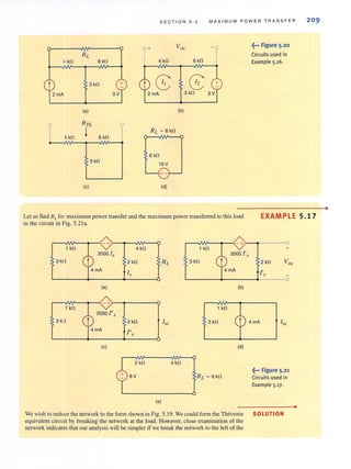 SEC TI ON 5 . 4 MAXIMUM POWER T RANS FER 209
r Voc
-r4 kO 6kO
t 3kO
8 (£
2mA 3 kO
(a) (b)
~ RTh
~A4~kO~__j~__6~kO~__i
RL = 6 kO
6 kO
3kO
10 V
(c) (d)
Let us find RLfor maximum power transfer and the maximum power transferred to this load
in the circuit in Fig. 5.2 1a.
- +
[~
4kO 1 kO
2000 Ix
3 k!1 2 kO RL 3 kO
I ,
(a) (b)
[~
1 kO
3k!.l 2 kO Ise 3 kO
I"x
(c) (d)
2 kO 4 kO
8V
(e)
We wish to reduce the network to the form shown in Fig. 5.19. We could form the Thevenin
equivalem circuit by breaking the network at the load. However, close examination of the
network indicates that our analysis will be simpler if we break the network lO the left of the
~... Figure 5.20
Circuits used in
Example 5.16.
EXAMPLE 5.17
0
+
2 kO Voe
I'x
4 mA Ise
~... Figure 5.21
Circuits used in
Example 5.17.
SOLUTION
•
•
 