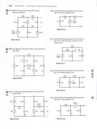 240 CHAPTER 5 A DDITIONAL A NALYS IS T ECH N I Q UES
o 5.67 Find Vo in the network of Fig. P5.67 using
4J Thevenin's theorem.
1 kll 1 kll
- V +
x
2 kll 1 rnA j 1 kll
1 kll 1 kll
2 kll
Figure P5.67
+
0 5.68
~
Use Thevenin's theorem to find I" in the network in
Fig. PS.68.
1 kll
+
Vx 1 kll 1 kll
+ 6V 2 kll
2 Vx
1 kll + 2 V 10
Figure P5.68
Use Thevenin's theorem to find VQ in the network
in Fig. PS .69.
2 I , j 1 kll 1 kll
2 rnA
1 kll
5.70 Find the Thevenin equivalent of the circuit in
Fig. PS.70 at the terminals A-B.
2 kll
1 kll
3kll
4 Vx
1000
L-------~------~B
Figure P5.70
5.71 Find the Thevenin equivalent of the network in
Fig. PS.7 1 al the terminals A-B using a l-mA
current source.
2 kll
4 kll A B
+
2 kll 1 kll Vx
Figure P5.71
5.72 Find the Thevenin equivalent of the network in
Fig. PS.72 at the terminals A-B.
1 kll 2 kll
A
+
V, 1 kll ~ 1 kll
1000
B
Figure P5.72
5.73 Find the Thevenin equivalent of the network in
Fig. PS.73 al the terminals A-B.
1 kll
1000 I ,
r----vW'---~----(:+ - r ---1r--0 A
2 kll
L-----~------~--o B
 