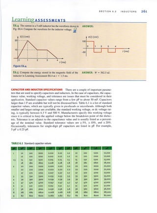 SE C TION 6 . 2
Learning ASS ESS MEN IS
E6.4 The current in a 5-mH inductor has the waveform shown in ANSWER:
Fig. E6.4. Compute the waveform for the inductor voltage. Ii
i(l) (rnA) V(I) (mv)
100f-- ....
a 2 3
-50
a 2 3 4
I (ms)
Figure E6.4
E6.5 Compute the energy stored in the magnetic field of the ANSWER: W = 562.5 nJ.
inductor in Learning Assessment E6.4 al 1 = 1.5 ms.
CAPACITOR AND INDUCTOR SPECIFICATIONS There are a couple of important parame-
ters that are used to specify capacitors and inductors. In the case of capacitors, the capac-
itance value, working voltage, and tolerance are issues that must be considered in their
application. Standard capacitor values range from a few pF to about 50 mE Capacitors
larger than I F are available but will not be discussed here. Table 6.1 is a list of standard
capacitor values, which an: typically given in picofarads or microfarads. Although both
smaller and larger ratings are available, the standard working voltage, or de voltage rat-
ing, is typically between 6.3 V and 500 V. Manufacturers specify this working voltage
since it is critical to keep the applied voltage below the breakdown point of the dielec-
tric. Tolerance is an adjunct to the capacitance value and is usually listed as a percent-
age of the nominal value. Standard tolerance values are ± 5%, ± 10%, and ± 20%.
Occasionally, tolerances for single-digit pF capacitors are listed in pF For example.
5 pF ± 0.25 pF.
TABLE 6.1 Standard capacitor values
-----------10 100 1000 0 .010 0 .10 1.0 10 100 1000 10,000
12 120 1200 0.012 0.12 1.2 12 120 1200 12,000
1·5 15 150 1500 0.015 0 .15 1·5 15 150 1500 15.000
18 180 1800 0.018 0 .18 1.8 18 180 1800 18,000
2 20 200 2000 0.020 0 .20 2.0 20 200 2000 20,000
22 220 2200 0 .022 0.22 2.2 22 220 2200 22,000
27 270 2700 0.027 0.27 2·7 27 270 2700 27,000
3 33 330 3300 0 .033 0·33 3·3 33 330 3300 33,000
4 39 390 3900 0.039 0 ·39 3·9 39 390 3900 39,000
5 47 470 4700 0.047 0·47 4·7 47 470 4700 47,000
6 51 510 5100 0.051 0·51 5·1 51 510 5100 51,000
7 56 560 56 00 0.056 0 .56 5.6 56 560 5600 56 ,000
8 68 680 680 0 0.068 0.68 6.8 68 680 6800 68,0 00
9 82 820 8200 0.082 0 .82 8.2 82 820 8200 82,000
4
IN 0 U C T O R S
I (ms)
 