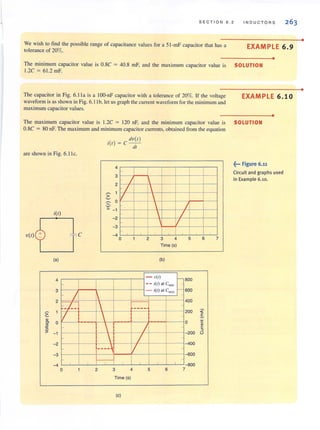 • SECTION 6 . 2 IN D UCTOR S
We wish to tind the possible range of capacitance values for a 51 -mF capacitor that has a
lolerance of 20%.
EXAMPLE 6.9
•
The minimum capacilor value is O.SC = 40.8 mF, and the maximum capacilor value is SOLUTION
1.2C = 6 1.2 mF.
The capacilor in Fig. 6.11 a is a 100·nF capacitor with a tolerance of 20%. If lhe voltage
waveform isas shown in Fig. 6. 11 b, let usgraph the current waveform for the minimum and
maximum capacitor values.
EXAMPLE 6.10
•
The maximum capacilor value is 1.2C = 120 nF, and lhe minimum capacilor value is SOLUTION
D.Se = 80 nF. The maximum and minimum capacitorcurrents, obtained from the equation
are shown in Fig. 6.ll c.
i(l)
V(I) C
(a)
4
-
3
2
/
--1--
~
1
V'"'" 0
J!!
I-g -1
- 2
-3
I-
-4
0 1
dV(I )
i(l) = C - -
dl
4
3
2 /
/~
>~
~ 0
V
-~
" - 1
-2
-3
-
-4
, ,
o
I
1

 I
 /
V
,
2 3 4 5
Time (5)
(b)
- U(I)
I- BOO
- - i(t) al Cmin
- i(t) at Cmax r- 600
-
400
- ----
200
 -
0
1 JI
/
- 200
 -
----~ V
-400
-600
, --'- , , -BOO
2 3 4 5 6 7
Time (5)
(c)
6 7
<'
.s
c
~
"0
~... Figure 6.11
Circuit and graphs used
in Example 6.10.
•
•
 