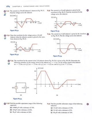 0 6.31
i
0 6.32
4J
CHAPTER 6 CAPACITANCE AND INDUCTANCE
The current in a 50-mH inductor is shown in Fig. P6.3 1.
Find the voltage across the inductor.
;(1) (mA)
+10
o 70 80 1 (ms)
-20
Figure P6.31
Draw the waveform for the voltage across a 24-mH
inductor when the inductor current is given by the wave-
form shown in Fig. P6.32.
;(1) (A)
8
4
-2
Figure P6.32
1 (s)
6·33 The current in a 24-mH inductoris given by the
waveform in Fig. P6.33. Find the waveform for the
loJtage across the inductor.
;(1) (A)
12
-1 2 1 (ms)
-24
Figure P6.33
6.34 The current in a 4-mH inductor is given by the waveform 0
in Fig. P6.34. Plot the voltage across the inductor.
;(1) (mA)
0.12 - - - -- -- - - -
1 (ms)
Figure P6.34
0 6.35 The waveform for the current in the 2-H induclOr shown Fig. P6.35a is given in Fig. P6.35b. Determine the
following quantities (a) the energy stored in the inductor at 1 = 1.5 ill S, (b) the t:!1ll!rgy s{Qred in the inductor
at t = 7.5 ms, (c) vL(t) at t = 1.5 ms, (d) VL(1 ) att = 6.251115, and (e) VL(t) att = 2.75 ms.~
itt) (mA)
30
7.5
-+--+--+--+---+--+--,j£--+--+-- t (ms)
itt)
(a>
Figure P6.35
+
vdt) 2 H
- 10
e 6.36 Find t.he possible capacitance range of the following
capacitors.
(al 0.0068 ~F with a tolerance of 10%.
(bl 120 pF with a tolerance of 20%.
(el 39 ~F with a tolerance of 20%.
7 8
(b)
6.37 Find the possible inductance range of the following
inductors.
(al 10 mH with a tolerance of 10%.
(b) 2.0 nH with a tolerance of 5%.
(el 68 ~H with a tolerance of 10%.
 