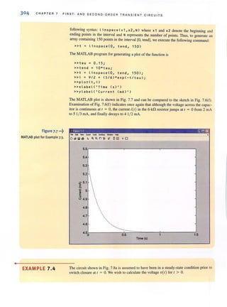 •
CHAPTER 7 FIRST- AND SECOND-ORDER TRANSI ENT CIACUITS
Figure 7-7 ...~
MATLAB plot for Example 7.3.
EXAMPLE 7.4
following syntax: l ; n spa c e ( x 1 , x 2, N) where x1 and x 2 denote the beginning and
ending points in the interval and N represents the number of points. Thus, to generate an
array containing 150 points in the interval [0, tend], we execute the following command:
»t = linspaceCO, tend, 150)
The MATLAB program for generating a plot of the function is
»tau = 0.15;
»te nd = 10*ta u;
»t = lin spaceC O, tend, 150);
»i = 9/2 + (5/6)*expC-t/tau>;
»plotCt,i)
»xlabelC'Time Cs) 1)
»y l abe lC'Current CrnA) ' )
The MATLAB plot is shown in Fig. 7.7 and can be compared to the sketch in Fig. 7.6(1).
Examination of Fig. 7.6(f) indicates once again that although the voltage across the capac-
itor is continuous at I = 0, the current i(l) in the 6-kft resistor jumps at I = 0 from 2 mA
to 5 1/ 3 mA, and finally decays to 4 1/ 2 rnA.
He fdt ...... ~ fCidl ~ 'Nh:;Igw . .
0"'''8 ~ etE>.('):!) ' - D ~ o l!:ll
5.5r------~------~-----___,
5.4
5.3
5.2
4.8
4.7
4.6
0.5 1.5
Tim. (sJ
The circuit shown in Fig. 7.8a is assumed to have been in a steady-state condition prior to
switch closure at I = O. We wish to calculate the voltage V(I) for I> O.
 