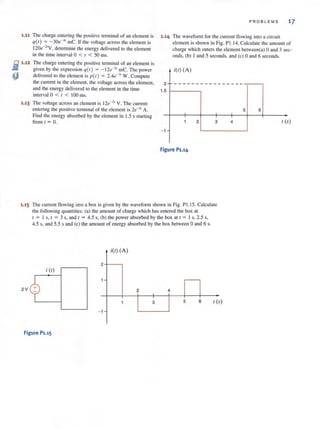 1 .11 The charge entering the positive terminal of an element is
q(r) = -30e-41
me. If the vollage across the element is
120e-21
y , determine the energy delivered to the element
in the time interval 0 < t < 50 ms.
PR O B L E MS 17
1.14 The waveform for the current flowing illlo a circuit
element is shown in Fig. P1. 14. Calculate the amoum of
charge which enters the element between(a) 0 and 3 sec-
onds, (b) 1 and 5 seconds, and (c) 0 and 6 seconds.
£1 1.12 The charge emering the positive terminal of an element is
given by the expression q(t) = - J2e-2r me. The power
delivered to the element is p(r) = 2.4e-31 W. Compute
the currem in the element, the voltage across the element,
and the energy delivered to the element in the time
interval 0 < t < 100 InS.
( ) (A)- t t
2 -- -- -- -- --------
1.13 The voltage across an element is 12e-2r V. The current
entering the positive terminal of the elemem is 2e-z, A.
Find the energy absorbed by the element in 1.5 s starting
from t = O.
.5
1
1
Figure Pl.14
2 3
1.15 The current flowing into a box is given by the waveform shown in Fig. PI .IS. Calculate
the following quantities: (a) the amount of charge which has entered the box at
2V
t = 1 s, t = 3 s, and t = 4.5 s, (b) the power absorbed by the box at t = I s, 2.5 s,
4.5 s, and 5.5 s and (c) the amount of energy absorbed by the box between 0 and 6 s.
t I.( ) (A)
2
i (I)
1 -
2 4
,
,
1 3 5 6
1
Figure P1.1S
t (s
4
5 6
t (s)
 