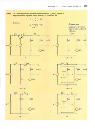 S ECTIO N 7 . 2 F I R S T·ORDER C I R CU IT S
Step 5. The Thevenin equivalent resistance can be obtained via Voc and ise because of
the presence of the dependent source. From Fig. 7.1De we note that
Therefore.
2n t = 0
2
3SV + 12 V +
(a)
36
;~ = - - = 6A
2 + 4
Voc = (4)(6) + 2(6)
= 36 V
3H
4n sn
iA 2iA
r-~2NVn~~__+__r3~A~___-o
3SV +
(c) t = 0+
VOC
r--vW - ......-O+ -
3S V +
(0)
+
sn
sn
+
+
Vo(t)
0 12 V +
+
~-3S V
3SV +
3-
..i Figure 7.10
Analysis of an RL transient
circuit containing a depend-
ent source.
+
s n
+
(b) t = 0-
+
4n sn Vo(~)
-
iA i2
+ Ay 2i'
-
(d) t = oc
4n S n
i;t isc
Y
 