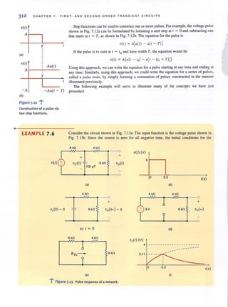 •
312 CHAP TER 7 F IR ST· A ND SECOND·ORDER TRAN SIENT CI R C UIT S
v(t)
A 1-----,
T
(a)
v(t)
Au(t)
A /--+-----'----'
-A
(b)
T
-AlI(t - 7)
Figure 7.12 1-
Construction of a pulse via
two step functions.
EXAMPLE 7.6
v(t)
vetO) = 0
Step functions can be used to construct one or more pulses. For example. the voltage pulse
shown in Fig. 7.12a can be formulated by initiating a unit step at t = 0 and subtracting one
that starts at t = T. as shown in Fig. 7.12b. The equation for the pulse is
v(t) = A[II(t) - u(t - T)j
If the pulse is to start at t = to and have width T. the equation would be
v(t) = A{u(t - to) - u[t - (to + T)]}
Using this approach, we can write the equation for a pulse starting at any time and ending at
any time. Similarl y. using this approach. we could write the equation for a series of pulses.
called a pulse trai". by simply forming a summation of pulses constructed in the manner
illustrated previously.
The following example will serve to illustrate many of the concepts we have just
presented.
Consider the circuit shown in Fig. 7.13a. The input function is the voltage pulse shown in
Fig. 7. 13b. Since the source is zero for all negative time, the initial conditions for the
6 kO 4 kO
+ +
v(t) (v)
9
vc(t) 8kO vo(t)
100 ~F
0 0.3 t(s)
(a) (b)
4kO 6kO 4kO
+ +
"~ 8kO vo(O+) = 0 9V 8kO voH
(c) t = 0 (d)
6 kO 4 kO
vo{t) (V)
4 ------- - --------------
-------
RTh -
8kO 2.11
t(s)
(e) (I)
..:-. .
! Figure 7.13 Pulse response of a network.
 