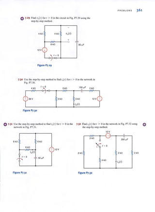 o 7.2 9 Find vo(t) forI > 0 in the circuit in Fig. P7.29 using the
step~ by-step method.
4kfl 4 kfl
+
8 kfl 50 ~ F
12 V
I ~ 0
Figure 1'7.29
7.30 Use the step·by-step method to lind iJI) for I > 0 in the network in
Fig. P7.30.
4 kfl
I ~ a
3 kfl 150~F 2kfl
36 V 3 kfl 3 kfl 12 V
Figure 1'7.30
PROBLEMS 361
o 7·31 Use the step-by-step method to find io(l) for I > 0 in the
network ill Fig. P7.3 1.
7.32 Find io(l) for I > 0 in the network in Fig. P7.32 using
the step-by-step method.
12 V
2 kfl
6 kfl 6 kfl
6 kfl
I ~ 0
+ 12 V
io(l) -
2 kfl 2 kfl 2 kfl
I ~ 0
"f; 50 ~F/'
:--.. 4 kfl
Figure P7.31 Figure 1'7.32
o
 