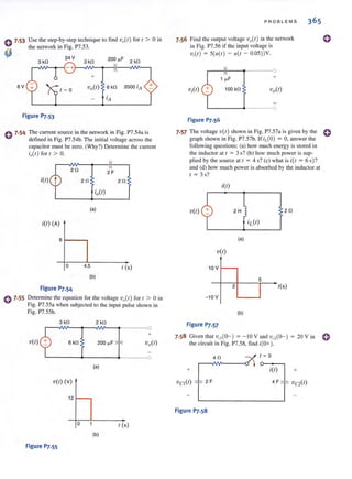 0 7•53
~
6 V
Use the step-by-step technique to tlnd vo(r) for 1 > 0 in
the network in Fig. P7.53.
3 kO
24V
3kO 200 ",F 2 kO
+
Va(l) 6 kO +
Figure 1'7.53
o 7·54 The current source in the network in Fig. P7.54a is
defined in Fig. P7.54b. The initial voltage across the
capacitor must be zero. (Why?) Determine the current
iJ I) for I > O.
0 7.55
20 2F
2 0 20
(a)
i(l) (A)
6 f---,
o 4.5 I (s)
(b)
Figure P7.54
Detennine the equat ion for the voltage v,,(r) for ( > 0 in
Fig. P7.55a when subjected to the input pulse shown in
Fig. P7.55b.
(a)
V(I) (V)
12
o I (s)
(b)
Figure P7.SS
PROB L E M S 365
7.56 Find the output voltage vl1(t) in the network
in Fig. P7.56 if the input voltage is
'Vj(l) = S(I/(I) - 1/(1 - 0.05»V.
1 ",F +
V;(I) 100 kO
L - - -____-----<o
Figure P7.56
o
7.57 The voltage 'v(t ) shown in Fig. P7.57a is given by the 0
graph shown in Fig. P7.57b. If iL(O) = 0, answer the
following questions: (a) how much energy is stored in
the inductor at 1 = 3 s? (b) how much power is sup-
plied by the source at I = 4 s? (c) what is i(1 = 6 s)?
and (d) how much power is absorbed by the inductor at
I = 3 5?
i(l)
V(I) 2H 2 0
i L(I)
(a)
V(I)
10 V
5
2
I
I(S)
- 10 V
(b)
Figure 1'7.57
7.58 Given that v,.,(Q- ) = - 10 V and v<,(Q-) = 20 V in 0the circuit in Fig. P7.58. find i(O+ ).
4fl 1 = 0
~ +
vCl ~ TL_2_ F________4_
F
--.JT V~(I)
+
Figure P7.S8
 