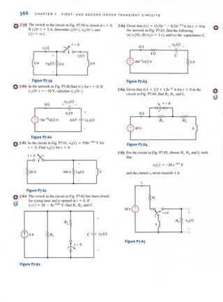 366 CHAPTER 7 FIRST · AND S E COND·ORD ER TRANSIENT CIRCUIT S
o 7·59 The switch in the circuit in Fig. P7.59 isclosed at t = O.
If i,(O-) = 2 A. determine i,(o+), v.(o+). and
i,(1 = 00) .
1 = 0
+
2H 3H
Figure 1'].59
o 7.60 In the network in Fig. P7.60 find i(l) for I > O. If
V"I(D-) = - lOY, calculate vdD- ).
i(l)
Vcl (I)
+ -
D3~+
0.6 F VC2(t)
Figure 1'].60
0 7.61 In the circuit in Fig. P7.6 1, 'UN(t) = IOOe-~uol V for
I < O. Find V.( I ) for I > O.
1 = 0
+
250 1000 VI/(t) L
Figure P7.61
e 7·62 The switch.in the ci~cui t in Fig. P7.62 has been closed
~ for a long time and IS opened at f = O. If
'jP ·v,.(t) = 20 - 8e...·05
' Y. find R,. R" and C.
+
R2
t 2A R, C O'
'" vcCt)
1 = 0
,,- ('
Figure P7.62
7·63 Given that i(l) = 13.33e-' - 8.33e-o·" A for I > 0 in
the network in Fig. P7.63. find the following:
(a) v,(O), (b) V,(I = I s), and (c) the capacitance C.
vcCt)+ -
C
20
Figure 1'].63
7.64 Given that itt) = 2.5 + l.5e-" A for I > 0 in the
circuit in Fig. P7.64, find RI• R2• and L.
L
Figure P7.64
7.65 For the circuit in Fig. P7.65, choose RIo R2• and L such
that
V,,( I ) = -20 e-lIt, Y
and the current i1 never exceeds I A .
R,
10V + o----....--<J
1=0 +
Figure P7.65
 