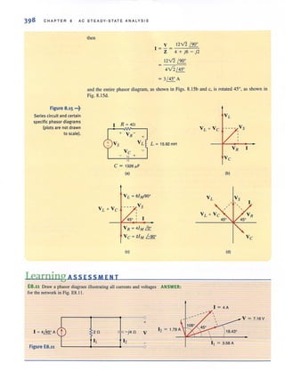 398 CHAP T ER 8 AC STEADY-STATE ANALYSIS
then
V 12V2 / 90°
I= -=--==-
Z 4 + j6 - j2
12 V2~
4V2 / 45°
= 3 / 45° A
and the entire phasor diagram. as shown in Figs. 8. 15b and C, is rotated 45°, as shown in
Fig. 8. 15d.
Figure B.15 ".~
Series circuit and certain
specific phasor diagrams
(plots are not drawn
to scale).
I
Vs
R ~ 40
+ VR-
Vc
+
+
VL L ~ 15.92 mH
C = 1326iJ-F
Learning A 55 E55 MEN T
(a)
V L ~ 6[Mf90°
--- - Vs
I
V R ~4IM&
Vc~ 21M /-90°
(c)
E8.11 Draw a phasor diagram iUustrating all currents and voltages ANSWER:
for the network in Fig. E8. I I.
Figure EB.11
2!l
I[
+
~-----~--------.-----~O
VL
VsVL+ Vc ,
,
VR I
Vc
(b)
(d)
1 = 4A
V=7.16V
I, = 3.58 A
 