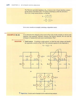 •
406 CHAPTER 8 AC STEADY-STATE ANALYSIS
The Thevenin equivalent impedance, Znu is known to be I n and, therefore, connect-
ing the Norton equivalent to the I-n resistor containing 10yields the network in
Fig. 8.21 b. Using current division, we find that
[ =.!. (8 + 2
j
)
o 2 I + j
= (~-~j)A
Let us now consider an example containing a dependent source.
EXAMPLE 8 .16 Let us determine the voltage Vain the circuit in Fig. 8.22a. In this example we will use node
equations, loop equations, Thevenin's theorem, and NOrian 's theorem. We will omit the
techniques of superposition and source transformation. Why?
•
SOLUTION 1. Nodal Alla/ysis To perform a nodal analysis, we label the node voltages and identify
the supemode as shown in Fig. 8.22b. The constraint equation for the supemode is
V) + 12 1!!.. = VI
-j1O 12&V 4&A -j1O
1 fl 1 fl I,
--0 V2
+
21.,
t jl fl 1 fl Vo 2Ix
--0 ~-------+--------4--o
(a) (b)
8 + G: 4& A
12&V
Ix
lfl 1 fl +
21.,
8 8
1fl
Vo
jl fl
(e)
..... F'1 19ure 8.22 Circuits used in Example 8.16 for nodal and loop analysis.
 