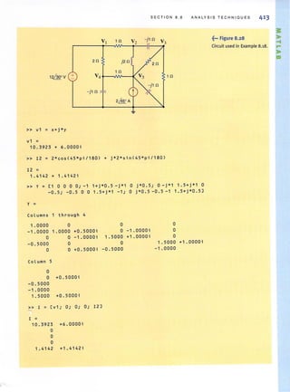 SEC TIO N 6.6 ANA LYSIS TE CHN I Q UE S 413
12QQ.' V +
» v1 ;;: x+j*y
v1 =
10.3923 + 6.0000i
-j1n V
3
» 12 = 2*cos(45*pi/180) + j*2*sin ( 45*pi/180)
12 =
1.4142 + 1 . 4142i
1 n
» y = [1 0 0 0 0; -1 1+j*0.5 - j*1 0 j*0.5; 0 -j*1 1.5+j*1 0
-0.5; -0 . 5 0 0 1.5+j*1 -1; 0 j*0.5 -0.5 -1 1.5+j*0.5J
y =
Columns 1 through 4
1.0000 0
-1.0000 1.0000 +0.5000i
0 0 -1.0000i
-0.5000 0
0 0 +0.5000i
Column 5
o
o +0 . 5000i
-0 . 5000
-1 . 0000
1.5000 +0.5000i
» I ;;: Cv1; 0; 0; 0; 12]
1 =
10.3923 +6 . 0000i
o
o
o
1.4142 +1 . 4142i
0 0
0 -1.0000i 0
1 . 5000 +1.0000i 0
0 1.5000 +1.0000i
-0.5000 -1.0000
~... figure 8.28
Circuit used in Example 8.18.
 