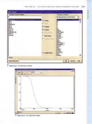 SECTION 8 . 9 AC PSP I C E ANAL YS I S USING S CH E M ATI C C APTURE
Add Traces
Silnlklion Output V..iables
F,e uencv
I(Cl)
I(L1)
1(PAINT4)
I(Rl)
IIV.,)
V(Cl:2)
V(L1 :1)
V(PRINT4:2)
V(Rl:l)
V(Vout)
FuR List
TIace ElCpIession:I
"" .i Figure 8.41 The Add Traces window.
• &[ 1.-..... l~' W '"11'"' &/1'1_ rkl .....'l>... I~'· ... '1
P" Analog
r Oig,tal
P" Voltages
P" Cl.llentS
r Noise [V'/HzJ
r Atias Names
r SubCllCU~ Nodes
11 variables HIed
~c.-.!""' ~tt.. ".I.. ~'".
-- -J:I~ ~Ci: g . ' ( .-. ..!q,.tC(_ ~~
~~ '"!II.... ):::;~ I(!1 ....· d 1JI1: :f.;FZiI-f ~ 44"~~-
ri' •.Iit
...,
••iii
~
• • W
, . W
LW
W
1 •• z "., .-• • t_ u
'r..._,
•.tC'-""'_
~'I
l' Figure 8.42 The magnitude of Vout.
Functions 01 Macros
JAnalog OpelatOls and Functions iJ
D( )
DBIl
ENVMpx( , )
ENVMIN(,)
EXPO
G()
IMGIl
LOG( )
LOG10( )
Mil
MPX()
OK Cancel I Help
- - "XI
~.k
-. - --
1 . _~
.-
.... . 1 ~.&:a:o(I6 - ,- •••••I •••l.IIIIIIL
421
."
11
."
-n
1ft
 