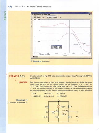 ..,
U
-a.
III
a.
•
424 CHAPTER 8 AC STEADY-STATE ANALYSI S
. (!III r.IO _ ~ 11'_ eoo''''' ___ II
..&1. ~5 ii1 . r :. ..: rl --~- ' "
~ ~Q: ~ iII !b" ~Y do ::t;~:F :':Ht~ ... ~ X
" , . l 511'
I
:" 1I . U9I.n. ".UK.111- 1._
1,'Uil" . .s6
-1I.n.
Phue
"oonlt~
»
• -1~±.'~--~'MU~---7,.~.=..---~,~.=..--L-~,~••=..~--~,~.MO~--~,~_~.
1ll 0 ICl') [JJ 'IUll))
-. "',"""""lr-------------~'~..~~~· ------------~
""'_PI
-....j Figure 8.47 (continued)
EXAMPLE 8.21 Given the network in Fig. 8.48, let us determine the output voltage Vo using both PSPICE
andMATLAB.
•
SOLUTION Since the component values are given in the frequency domain. in order to calculate the output
voltage using PSPICE, we will simply assume that the frequency is w = I radl s or
f = 0.159 Hz. Then the capacitor value can be listed as C = 0.5 F and the inductor value as
L = I H. The Schematics diagram for this circuit is shown in Fig. 8.49, and the output obtained
with a frequency sweep in which the start and stop frequencies are both f = 0.159 is listed as
FREQ
1.590E- 01
VM(Vout)
8.762E+OO
VP(Voutl
- 3.228E+01
FIgure 8.48 ...~
Circuit used in Example 8.21.
20 10
VI
V3
10 +
- j20 211 Vo
0
 