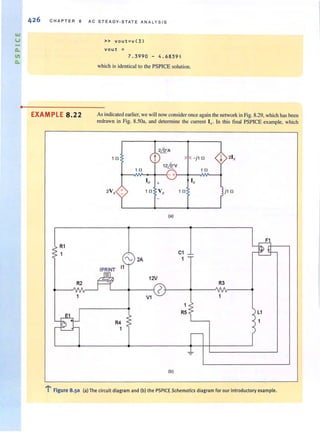 -D-
III
D-
•
426 CHAPTER 8 AC STEADY· STATE ANA LY SI S
EXAMPLE B. 22
R1
R2
....
» VQut=v(3)
vout =
7 . 3990 - 4.6839;
which is identical to the PSPICE solution.
As indicated earlier, we will now consider once again the network in Fig. 8.29, which has been
redrawn in Fig. 8.50a, and determine the current I, . In this final PSPICE example, which
2LQoA
10 t - j10 j 21x
1 0
12LQoV
1 0
- +
10 + Ix
2Vx
+ 10
" 10 j10x
(a>
F1
C1
'." 2A 1
IPRINT
11
12V
R3
·2
V1
R5 L1
R4 1
1
(b)
! Figure 8.50 <al The circuit diagram and (b) the PSPICE Schematics diagram for our introductory example.
 