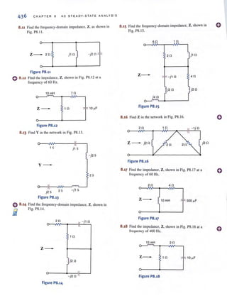 436 CHAPTER B AC STEADY-STATE ANALYSIS
8.11 Find the frequency-domain impedance, Z, as shown in
Fig. PS.II.
z- 20 - j20 :Or
Figure P8.11
{) 8 .12 Find the impedance, Z, shown in Fig. PS. 12 at a
frequency of 60 Hz.
10 mH
0-
z- 1 0
Figure P8.12
8.13 Find Y in the network in Fig. PS.1 3.
- j 25
y -
25
<>----1!----llN-- ,.........-,.---.-J
j25 2 5 - j 1 5
Figure P8.13
o 8.14 Find the frequency-domain impedance, Z, shown in
fi Fig. PS.14.
1/ - j1 0
1
10
z-
I "
-)2 0 1
Figure P8.14
8.15 Find the frequency-domain impedance, Z, shown in
Fig. PS.IS.
60 10
z-
Figure P8.15
8.16 Find Z in the network in Fig. PS.16.
1 0
z- j20
Figure P8.16
8.17 Find the impedance, Z, shown in Fig. PS.17 at a
frequency of 60 Hz.
Iz- 10 mH
1
Figure P8.17
8.18 Find the impedance, Z, shown in Fig. PS.I S at a
frequency of 400 Hz.
10 mH
o ~
Z - 10
Figure P8.18
o
o
 