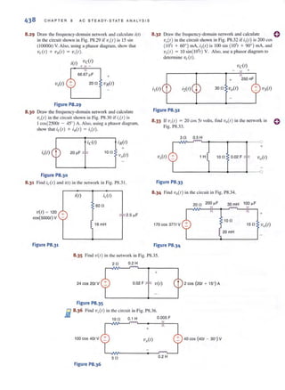 438 C H AP TE R 8 AC STE ADY-S T ATE ANA LY SIS
8.29 Draw the frequency-domain network and calculate j(/)
in the circuit shown in Fig. PS.29 ifvl,(t) is 15 sin
(IOOOOt) V. Also. using a phasor diagram. show that
vcCt) + vR(t ) = v,(t).
itt) vc(t)
+ -
66.67 uF +
vAt)
Figure P8.29
8 .30 Draw the frequency-domain network and calculate
V,,(f) in the circuit shown in Fig. P8.30 if isCI) is
I cos(2500t - 45°) A. Also, using a phasor diagram,
show that icCt ) + iR(t) = i,(t ).
i,(t) 10 0
Figure P8.30
8 .31 Find id t) and i(t) in the network in Fig. P8.3 1.
vet) ~ 120 +
cas(5000t) V
Figure P8.31
itt)
600
16mH
8.32 Dmw the frequency-domain network and calculate eVII( t) in the circuit shown in Fig. P8.32 if fl{/) is200 cos
(lO't + 60") mA. i,(t ) is lOa sin ( IO't + 90") mA. and
vs(t) = 10 sin( IO't) V. Also. use a phasor diagram to
delcrrninc ve(r ).
+
Figure P8.32
8.33 If v,(t) = 20 cos 5t volts. find v.(t ) in the network in 0
Fig. P8.33.
30 0.5 H
r-~~~~~--~----~'---O
+
v,.(t) 1 H 10 0 0.02 F
L---------~____~____~.---O
Figure P8.33
8 .34 Find 'Vo(r ) in the circuit in Fig. P8.34.
20 0 200 ~F 30 mH 100 ~ F
+
10 []
170 cos 3771 V
20mH
Figure P8.34
8.35 Find Vet ) in the network in Fig. P8.35.
20 0.2 H
+
24 cos 201 V 0.02 F vet)
Figure P8.35
fl 8.36 Find vAl ) illlhe circuit in Fig. PS.36.
- 10 0 0.1 H 0.005 F
+
100 COS 40f V
50 0.2 H
Figure P8.36
t 2 cos (20t + 15") A
40 cos (401 - 30°) V
 