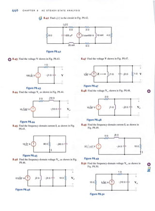 440 C H A PTER 8 AC S T E ADY-STATE ANA LYSIS
~ 8 .42 Find i2{t) in the circuit in Fig. P8.42.
50
so 625.,.F
25mH
Figure P8.42
o 8 .43 Find the voltage V shown in Fig. P8.43.
1 0
Figure P8.43
8.44 Find the voltage VI) as shown in Fig. PS.44.
20 j l 00
r-~~---r~---t----O
+
10620' V -j12 0
~----------~----o
Figure P8.44
8.45 Find the frequency-domain current 1. as shown in Fig.
P8.45.
SOO - j600
Figure P8.45
8.46 Find the frequency-domain voltage VI) ' as shown in Fig.
P8.46.
+
- j50 100
Figure P8.46
20
2cos400tA 10mH 4n
60
8 .47 Find the voltage V shown in Fig. P8.47.
+
j l 0 - j20 10 V
Figure P8.47
8.48 Find the voltage VQ' shown in Fig. P8.48.
20
r-~~--~------~---O
+
10Ml' V j l 0 - j20
L---__~------~.___o
Figure P8.48
8.49 Find the frequency-domain current I. as shown in
Fig. P8.49.
50 j60
37/-145' V - j40 100
Figure P8.49
8.50 Find the frequency-domain voltage VI)' as shown in
Fig. 1'8.50.
10
r-------~~~--~---O
+
150 5&A - j1 2 0
Figure P8.50
o
 