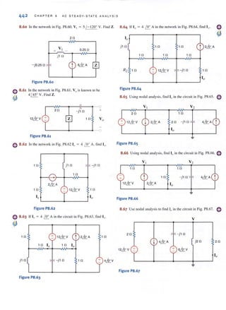 442 CHAPTER 8 AC STEADY·STATE ANAL Y S I S
8.60 In the network in Fig. 1'8.60, V, = 5 / - 1200
V. Find Z. 8.64 If I. = 4 I!!.. A in the network in Fig. 1'8.64, find Ix.
20 I ,.
O.25fl
j1 0 10 1 0
j 10 1 0 1 0 1 0
-jO.25 0
-j1 0
Figure 1'8.60
o 8 .61 In the network in Fig. PS.6 1. V" is known to be
~ 4 / 45
0
V. Find Z.
Figure 1'8,64
8.65 Using nodal analysis, find Ifj in the circuit in Fig. PS.65. 0
20 - j1 0
r-~~--~--lr---~'--v
+
1 0
V2
1 0
20 -j 10
L-______~________~ .~
Figure 1'8.61
o 8.62 In the network in Fig. P8.62 10 = 4 I.!r. A. find Ir Figure 1'8.65
8.66 Using nodal analysis, find I" in the circuit in Fig. PS.66. C
1 0 j1 0 -j1 0
10
Vz
1 0
- }-+-----NlI'------1 1 0 -j 1fl
1 0 1 0
1," Figure 1'8.66
Figure 1'8,62 8.67 Use nodal analysis to find Iii in the circuit in Fig. PS.67. 0
e 8 .63 If 10 = 4 ~ A in the circui t in Fig. P8.63, lind '.I"
v
~
 