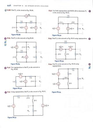 446 CH APT E R 8 AC S TE ADY·STATE ANA LYSIS
~ 8.88 Find V" in the circuit in Fig. PS.SS.
1 fl 2fl
+
-j 1 fl 12,& V 2,& A
t V a
'-,.
--0
Figure P8.88
0 8.89 Find Voin the network in Fig.P8.89.
E
~
+
4LQo A t -j 1 fl V, 1 fl
1 fl
- - 0
+
j 1 fl 2Vx 1 fl V a
L-______+-______~ ---o
Figure PB.B9
o 8 .90 Use superposition to find Vo in the network in
Fig. P8.90.
1 fl
Figure PB.90
o 8.91 Using superposition, find Vo in the circuit in Fig. PS.9 1.
1 fl -j 1 fl
j2 fl
8 .92 Use both superposition and MATLAB to determine V,) e
in the circuit in Fig. PS.92.
1 fl
j 1fl-j1 fl
~--ir---~-J~--1--o
+
L-------+-------~--o
Figure P8.92
8 .93 Find V" in the network in Fig. PS.93 using superposition. e
2fl
12LQo V
- j2 0. j4 fl
- - : )
+
L-______+-______~ ---o
Figure P8.93
8 .94 Find V" in lbe network in Fig. P8.94 using
superposition.
---0
1 fl +
2fl
-j2 0.
2 fl Vo
j3 fl
--0
Figure P8.94
eLQoV + ~ 2LQo A
+
V a 2fl
Figure P8.91
 