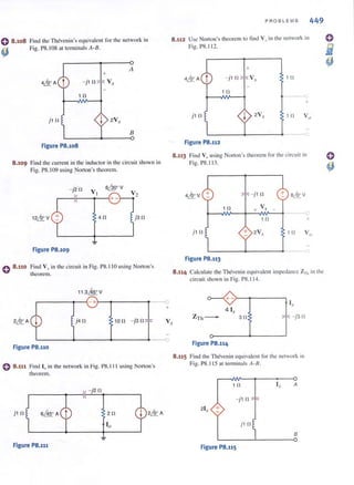 0 8.108 Fi nd the Thcvenin 's equivalent for the network in
Fig. P8. !08 at temlina!s A·B.
4)
A
+
-Ii fl
l fl
}1 fl
B
Figure P8.108
8.109 Find the current in the inductor in the circui t showil in
Fig. P8. I09 using _~ol1on 's theorem.
V,
4fl }3 fl
Figure P8.109
o 8.110 Find V.( in the circuil in Fig. P8. II O using Norton's
theorem.
11.3& V
r-------4r~-+.~~--------~~
}4 fl 10 fl -}3 fl
Figure P8.110
o 8.111 Find 10 in the network in Fig. PM.II I using Norton's
theorem.
-}2 fl
}1n 2 fl
Figure P8.111
+
PROBLEMS 449
8 .112 Use Norton's theorem to fi nd Vo in the network in
Fig. PS.11 2.
+
- }1 fl Ifl
1 fl
+
I 2V,
1.-_ _......._ _---4__
Figure P8.112
8.113 Find V,) using Norton's theorem for the circuit in
Fig. PB. ! 13.
- } 1 n + S,& v
1 fl + V, -
- -
I fl +
}1 fl 2V, 1 fl Vo
Figure P8.113
8.114 Calculate the Thevcnin equ ivalent impedance bnl in the
circuit shown in Fig. PS. 114.
+->---.------~
Ix
4 Ix
ZTh - 3 fl -}3 fl
Figure P8.114
8.115 Fi nd the Thevenin equivalent for the network in
Fig. PS. 115 at IClminais A· B.
1 fl A
-}1 fl
}1 fl
B
Figure P8.11S
 