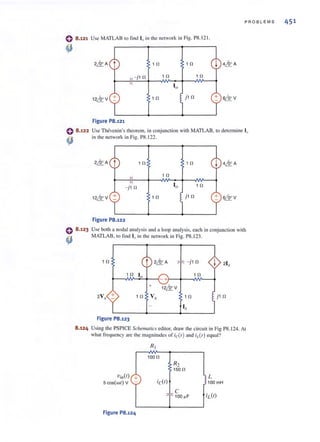 P ROBLEMS 451
o 8 .121 Usc MATLAB 10 lind 10 in the network in Fig. PS. 121.
~
2& A
t 1 fl 1 fl j 4& A
- jHl 1 fl 1 fl
10
12& V 1 fl j 1 fl + S& v
Figure P8.121
0 8.122 Use Thevenin's theorem, in conjunction with MATLAB. to determine III
in the network in Fig. PS.1 22.
~
2& A 1 fl 1 fl j 4&A
1 fl
-j1 fl 10 1 fl
12&V + 1 fl j1 fl S& V
Figure P8.122
8.123 Use both a nodal analysis and a loop analysis. each in conjunction with
MATLAB. to find 1(1 in the network in Fig. PS. 123.
1 fl -j1 fl
1fl ~ 1 fl
~~~~~~ -+·~~--~~4
+ 12&V
1 fl
Figure P8.123
8 .124 Using the PSPICE Schematics editor, draw the circuil in Fig PS. 124. AI
whal frequency are the magnitudes of id r) and iL(r) equal?
ViOl(I) +
5 COS (WI) V
Figure P8.124
100 fl
ic(l)
; R2
150 fl
L
lOQmH
 