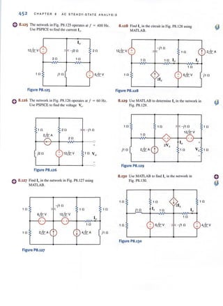 452 CHAPTER 8 AC S TEA DY · S TATE ANA LYS I S
o 8 .125 The nelwork in Fig. PB.125 operales aI f = 400 Hz.
Use PSPICE 10 find Ihe eurrenl I.,.
10
12,& V + - j2 fl 2fl
2fl 1 fl
lfl jl fl
+ 6& V
Figure P8.125
o 8 .126 The network in Fig. PB.126 operates al f = 60 Hz.
Use PSPICE to find the voltage Yo'
1 fl 2fl - jHl
2,& A
2fl
- - - { )
+
j2 fl + 12,&V 1 fl V o
Figure P8.126
o 8 .127 Find I" in the nelwork in Fig. PB.127 using
MATLAB.
- jl fl
lfl 1 fl
6,& V 12& V
10
+- -+
1 fl
lfl 2,& A
~ 4,& A
Figure P8.127
1 fl
jl fl
8.128 Find I(J in the circuit in Fig, PS.128 using
MATLAB.
12&V +
- jl fl
1 fl
1 fl 1 fl 10
1 fl
1 fl
t21x
+ 6,& V
Figure P8.128
Ix
8.129 Use MATLAB to determine J" in the network in
Fig. PB.129.
1 fl lfl - jl fl
1 fl
12&V
2Vr
jl fl 1 fl
Figure P8.129
8.130 Use MATLAB to find 10 in the network in
Fig. P8.130.
+
V r
t 2& A
jl fl
lfl
1 fl
1 fl 1 fl 1 fl
jl fl I r 1 fl 10
1 fl
1 fl 6,& V - 4,& V
Figure P8.130
 