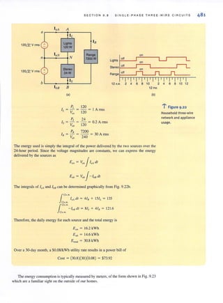 SECTION 9 . B SIN G LE · PH AS E T HREE·WIRE CI RCUI TS
IaA A
II,
120LQ:v rms Ugh1S IR
120W
IIIN
N
Range
n 7200W
on
Ughts off
on
Stereo off
Range
off120LQ:v rms
Stereo
24W
Is
12 A,M, 2 4 6 8 10
Ib8 B 12 P.M.
(a) (b)
PL 120
IL = - = - = I Arms
V" 120
Ps 24
Is = - = - = 0.2 A rms
V,b 120
PR 7200
IR = - = - - = 30 A rms
V,b 240
The energy used is simply the integral of the power delivered by the two sources over the
24-hour period. Since the voltage magnitudes are constants. we can express the energy
delivered by the sources as
V" JI'A dl
E,b = V,.bJ- lb8 dl
The integrals of I,A and lb. can be determined graphically from Fig. 9.22b.
j "'·· 'I,., dl = 4/R + 151, = 135
12A.M.
j "''''12A.M . - lb8 dl = 81s + 41R = 121.6
Therefore. the daily energy for each source and the total energy is
E" = 16.2 kWh
E,b = 14.6 kWh
E,.",= 30.8 kWh
Over a 30-day month. a $0.08IkWh utility rate results in a power bill of
Cost = (30.8)(30)(0.08) = $73.92
The energy consumption is typically measured by meters, of the form shown in Fig. 9.23
which are a familiar sight on the outside of our homes.
2 4 6 8 10 12
1" Figure 9 .22
Household three·wire
network and appliance
usage.
 