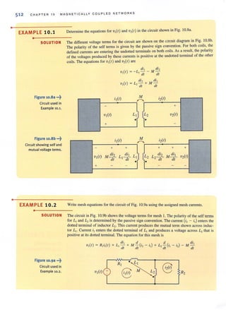 •
•
512 CHAPTER 10 MAGNETICA L LY COU PLED NETWO RK S
EXAMPLE 10.1
•
SOLUTION
Figure 10.8a ...~
Circuit used in
Example 10.1.
Figure 10.8b •••?
Circuit showing self and
mutual voltage terms.
EXAMPLE 10.2
•
Determine the equations for v,(I) and viI) in the circuit shown in Fig. I0.8a.
The different voltage tenns for the circuit are shown on the circuit diagram in Fig.,10.8b.
The polarity of the self terms is given by the passive sign convention. For both coils, the
defined currents are entering the undotted terminals on both coils. As a result, the polarity
of the voltages produced by these currents is positive at the undotted terminal of the other
coils. The equations for V,(I) and V,(I) are
-
VI(I)
+
t1·
;I(I) M
r-..
+ + I
I
d;2 di1 L 1M--- L1--- 11
dl dl. ) !L2
•
- -
;2(1)
+
V2(1)
-
i2(1)
+ + +
di2 di1 V2(1)L2--- M---
dl dl
- - -
Write mesh equations for the circuit of Fig. 10.9a using the assigned mesh currents.
SO LUTI 0 N The circuit in Fig. 10.9b shows the voltage terms for mesh I. The polarity of the self terms
for Lr and ~ is determined by the passive sign convention. The current (;2- i1) enters the
dotted terminal of induclor L,. This current produces the mutual term shown across induc-
tor L1• Current il enters the dotted terminal of Lj and produces a voltage across Lz that is
positive at its dotted terminal. The equation for this mesh is
Figure 10.ga .,.?
Circuit used in
Example 10.2.
. di, d (. .) d (. . ) di,
V,(I) = R,I, (I) + L, - + M- I, - I, + L,- I, - I, - M -
~ ~ ~ ~
R2
 