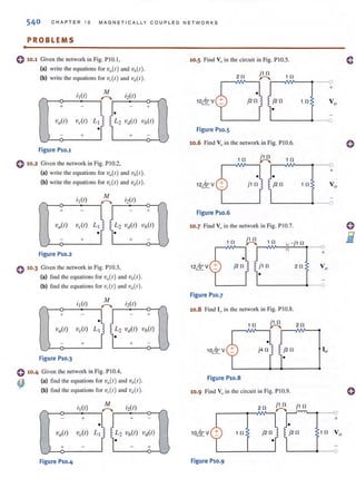 540 CHAP TER 1 0 MAG NETI CALLY CO U P LED NE T WO R KS
PROBLEMS
0 10.1 Given the network in Fig. PI O. I,
(al wrile Ihe equations for v,(/) and v,,(/).
(b) write the equations for vt.{ r) and V,/C1).
iI(/)
M
i2(/)~ ,---..
+
J. +
v,,(/) ve(r) LI L2 V,,(I)
I +
V,,(I)
•
+
Figure P10.1
o 10.2 Given the network in Fig. PIO.2,
(al wrile Ihe equalions for V,,(I) and v,(/).
(bl wrile Ihe equalions for v,.(/) and v,,(/).
i I(I)
M
i2(1)
- ,---..
+
l J
+
V,,(I) Ve(l)
L~r
L2 V,,(I)
,. +
Vb(I)
+
Figure P10.2
o 10·3 Given the network in Fig. PIO.3,
(al lind Ihe equalions for ·v,(/) and ·v,,(/).
(bl lind Ihe equations for v,(t) and v,,(t).
iI(I)
M
i2(1)
"
,---..
+ +
·l !L2 V,,(I)"U,,(I) vc(t) Ld V,,(I)
'[ •
+ +
Figure P10.3
o 10·4 Given the network in Fig. PIOA,
~ (al find Ihe equations for v,(/ ) and v,(t ).
(bl li nd Ihe equalions for v,(t) and v,,(/).
i2(1)
+ r +
J•
-
L2 V,,(I)
,. -
"U,,(I)
+
Figure P10.4
-
'-'
.r-.,
'-'
-
10·5 Find Vo in the circuit in Fig. PlO.5.
2n 1 n
- - { )
+
•
10LQ: V j2n j2 n 1 n Va
1· - - { )
Figure P10.S
10.6 Find Vo in the network in Fig. PI O.6.
I n j l n 1 n;.--..
- - { )
+
• •
12LQ: V jl n j2n 1 n Va
Figure P10.6
10.7 Find Vo in the network in Fig. PIO.?
1 n ,, -j l n
1
---0
12LQ: V j l n 2n
•
Figure P10.7
10.8 Find I" in the network in Fig. PIO.S.
Figure P10.S
10.9 Find Vo in the circuit in Fig. PIO.9.
2 n
•
1 n j2n j2 n
+
Va
- - { )
+
'-----O--{)
Figure P10.9
0
o
 