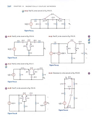 542 CHAPT E R 10 MAGNETICA L LY CO UPLED NETWORKS
4310.15 Find Voin the network in Fig. PlO. 15.
j20
- j 10
20 j20 ·
-j20 1 0 10
Figure Pl0.1S
• j20 +
20
o 10.16 Find 10 in the ci rcuit in Fig. PIO.16. 10.19 Find Vo in the circuit in Fig. PIO.19.
j1020 - j40 -j2 0 30
10 ~
- j10
II
• • 1
j20 j20
•
j20 j20
20 + 6&V
t 4~A
1· 1 0
-
Figure Pl0.16 1 0
o 10.17 Find 10 in the circuit in Fig. P10.17.
Figure Pl 0.19
-j1 0 j1 0 - j1 0
r-----~~~f--_,. ~ r---Ir-~,
j20 j20
10.20 Determine 10 in the network in Fig. PIO.20.
10 1 0
- j20 I }20
o •
Figure Pl0.17
-j 1 0 10
-}10
0 10.18 Find Voin the network in Fig. PIO. 18.
j 1 0 - j10
~ 1/
• J~ 1
j 1 0 ) )10
c-J
1 0
20
}1 0
+
t 4&A 1 0 10 t
20
6& A
Figure Pl0.20
Figure Pl0.18
+
 