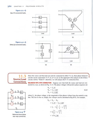 560 C H A PTER 11
Figure 11.11 ...::"
Wye (Y)·connected loads.
Figure 11.12 ---i-
Delta (~) ·co n n ected loads.
V all
-+
11.3
Source/load
Connections
a I"
Vb"
b
-+
V eil
I"
Figure 11.13 --i'
Balanced three·phase
wye-wye connection.
P O LYPH ASE C IR CUI T S
------ - --- - ----- - -----.
a --~: ---------------------,
b-+--,
a Zy l--~
b Zyl--'"
C Zyl--'"
c ---+------'
/I __-'-__________J
II --~--------------------~
Load1_ _ ____________ _
I Load :
'- - - - - - - - - - - - - - - - - - - - --
(a) (b)
- - -- --- - ------ - - -- - -- ---- - ---- - ---, ,
a --~_<I---~
a- +----....,o..
b-'---.... Zt;
b--+-----l
c __.:.-4___-1
c --------~
Load Load
1- _____________ ..! I______ ____________ ..!
(a) (b)
Since the source and the load can each be connected in either Y or a, three-phase balanced
circuits can be connected Y- Y, Y-u,u-Y, or u-u.Our approach to the analysis of ali of these
circuits will be "Think Y"; therefore, we will analyze the Y- Y connection first.
BALANCED WYE-WYE CONNECTION Suppose now that both the source and load are con-
neeted in a wye, as shown in Fig. 11 .13. The phase voltages with positive phase sequence are
Vim = Vp~
Vb, = Vp / - 120'
Veil = Vp !+ 120°
11.13
where ~, . the phase voltage, is the magnitude of the phasor voltage from the neutral to any
line. The line-lo-Iine or, simply, line voltages can be calculated using KVL; for example.
= VpLSr. - Vp/ - 120'
= V - V [_.!. _j v'3]p p 2 2
= Vp[~ + j '; ]
= v'3V /30'I'
 