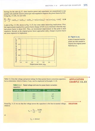SECTION 11 . 6 APPLICATION EXAMPLES 575
Solving for the ratio Qc/P, since reactive power and capacilance are proportional to one
another will yield the reactive power per watt required to improve the power factor by om.
Using Eq. (11 .28), we can write
<;= Q;,-tan (O"w) = tan (OOId) - tan(O"w) = tan[acos(Pkld)J - tan [acos(Pkld +O.OI)J 11.30
A plot of Eq. (11.30), shown in Fig. 11.23, has some rather interesting implications. First,
the improvement required for a power factor change of 0.0 I is at a minimum when the orig-
inal power factor is about 0.81. Thus, an incremental improvement at that point is least
expensive. Second, as the original power faClor appro,lches unity, changes in power factor
are more expensive to implement.
~ 0.16
oJ
~ 0.12
i;;
a.
O~ 0.08
c.
.~
1il
l' 0.04
¥·s
g- o
a: 0.4
-
o.s
I
J
./
I
0.6 0.7 0.8 0.9
Original power factor, ptold
Table 11 .2 liststhe voltage and power ratings for three power factor correction capacitors.
Let us determine which of them, if any, can be employed in Example 11.10.
TABLE 11,2 Rated voltage and vars for power factor correction
capacitors
CAPACITOR
1
2
3
RATED VOLTAGE (kV)
10.0
50.0
20.0
RATED Q (MYa,s)
~- Figure 11.23
Aplot of required reactive
power per watt needed to
improve the original power
factor by 0.01.
APPLICATION
EXAMPLE 11.13
•
From Fig. 1l.2l we see that the voltage across the capacitorsis the line-la-neutral voltage, SOLUTION
which is
Ie _ Y" b _ 34,500
,, -Yj- Yj
or
v,,, = 19.9 kV
•
 