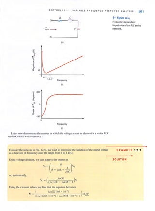 SECTION 12 . 1 V ARIABLE FREQUENCY-RESPONSE ANALYSIS
591
R L
~"~
(a)
S0-
"N
'5
~
"C
3
'2
0>
'" I?:;
w ~ --
VIT Frequency
(b)
- 900
O~--------------------
Frequency
(e)
Let us now demonstrate the manner in which the voltage across an element in a series RLC
network varies with frequcncy.
Consider the network in Fig. 12.5a. We wish [Q determine the variation of the output voltage
as a function of frequency over the rangc from 0 to I kHz.
Usi ng voltage division, we can express the output as
or, equivalently,
VI} = Vs
(
R )
R + jwL + _._1_
JWC
V - V(
jwCR )
"- (jw )'LC + jwCR + 1 s
Using the elemcm values. we find tbat the equation becomes
(
(jw)(37.95 X 10-') )
V = 10 0°
o (jw )'(2.53 X 10 ' ) + jw(37.95 X 10 ') + 1 ~
~... Figure 12.4
Frequency-dependent
impedance of an RLC series
network.
EXAMPLE 12.1
•
SOLUTION
•
 