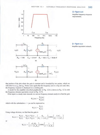 SECT I ON 12.1 VARI ABLE FREQUENCY - RESPONSE ANALYS I S
593
1.0
0- 0.8
8
x 0.6
c
.,. 04
C!J .
0.2
flo Ii-IIOL-_________________________
10 100 1 k 10 k 100 k 1 M
Frequency (Hz)
o-----j
C in RO
+ + +
'VS(I) R in 'Vin(l)
1000Vin(l)
CO 'VO(I)
0
R in = 1 MO Cin = 3.18 nF Ro ~ 100 n Co ~ 79.58 nF
(a)
o-----j
l /SCin Ro
0
+ + +
VS(s) R in V in(S) Vo(s)
1000Vin (,") 1/SCo
0
(b)
that portion of the plot where the gain is constant and is bounded by two points, which we
will refe r to as fLO and J;.n. Notice once again that the frequency axis is a log axis and, thus,
the frequency response is displayed on a semilog plol.
A model for the amplifier described graphjcally in Fig. 12.6 is shown in Fig. 12.7a with
the frequency-domain equ ivalent circuit in Fig. 12.7b.
If the input is a steady-state sinusoid, we can use frequency-domain analysis to tind the gain
G (. ) = V,,(jw)
" jW Vs(jw)
which with the substitution s =:: jw can be expressed as
Usi ng voltage di vision, we find that the gain is
V,,(s) V;,,(s) V,,(s) [ R;" ] [ l/ sC,, ]
G"(s) = --- = - --- = ( 1000 )
V, (s) Vs(s ) V;"(s) R;" + I/ sC;" R" + 1/ £ "
or
~••• Figure 12.6
Amplifier frequency-response
requirements.
~••• Figure 12.7
Amplifier equivalent network.
 