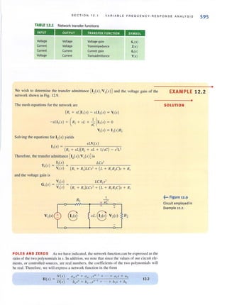 SE C T I O N 1 2 . 1 V A RI A BL E FREQUENCY · RE S P O N S E A NALYSIS
595
TABLE 12.1 Network transfe r functions
Voltage
Current
Current
Voltage
OUTPUT
Voltage
Voltage
Current
Current
TRANSFER FUNCTION
Voltage gain
Transimpedance
Current gain
Transadmittance
G"(s)
Z(s)
G,(s)
V(s)
We wish to detemline the transfer admittance [ ~ (s) /V,(s) l and the voltage gain of the
network shown in Fig. 12.9.
The mesh equations for the network are
(R, + sL)I,(s) - sLI,(s) ~ V,(s)
-sLl ,(s) + ( R, + sL + s~) I,(S) ~ 0
V,(s) ~ 1,(s)R,
Solving the equations for 12(s) yields
sLV,(s)
1,(s) ~ -;-----:-:---'-'--'-----:--~
. (R, + sL)(R, + sL + I/ sC) - s'L'
Therefore, the transfer admittance [~(s)fV, (s)l is
I,(s) __--:-_-:--'L:::C;:-:S'-'__-;-__YT(s) ~ - '- ~ -;-
V,(s) (R, + R,)LCs' + (L + R,R,C)s + R,
and the voltage gain is
V,(s) LCR,s'
G (s) ~ - ' - ~ -;-----:-----::-;-'----,--
" V,(s) (R, + R,)LCs' + (L + R,R,C)s + R,
1
sC
+
POLES AND ZEROS As we have indicated, the network function can be expressed as the
ratio of the two polynomials in s. In addition, we note that since the values of our circuit ele-
ments, or controlled sources, are real l1umbers. the coefficients of the two polynomials will
be real. Therefore, we will express a network function in the form
N(s) ams'" + a "' _ I ....m- 1 + - - + a1 s + au
H(s) = D(s) = b"s" + /),,_ I S,,- I + - . + /)1'' + bt)
12.2
EXAMPLE 12. 2
•
SOLUTION
~... Figure 12.9
Circuit employed in
Example 12 .2.
•
 