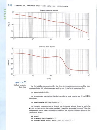 CD
CC
-I
l-
CC
606 C HAPTER 12
5a
~ a
~
0
~
3':;:,
=-.J
- 100
- 150
10
,
50
I
- 100
- 150
- 200
- 250
- 300
10- 1
. ......FIgure 12.16 :
MATLAB·generated
Bode plots.
VARIABLE-FREQUENCY NETWOR K PER F ORMANCE
Bode plot: magnitude response
- r-
- ...
............
I'-.............
10' 10' la' la'
Bode plot: phase response
-- "
I I
10' 10'
w(radls)
The fLfSl subplot statement specifies that there are two plots. one column, and the state-
ments that follow this subplot statement apply to row I, that is, the magnitude pial.
» 5ubplot(2,1,1);
The next statement specifies that the plot is semilog, w is the variable, and 20 Jog IOIHIis
the ordinate.
» se mil ogx( w,20* l og10(abs(H»);
The following statements turn on the grid, specify that the ordinate should be labeled as
IH(jw)1and indicate that the title for this plot is "Bode Plot: MagnilUde Response." NOle that
omega means use the lower case omega symbol here, and anything contained within the sin-
gle quotes is printed.
» grid;
» ylabeL(' IH ( jomega)1 ');
»title('Bode Pl o t: Magnitude Response');
 