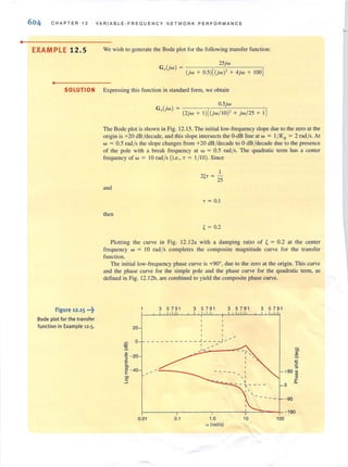 •
C H APTER 12 VA RI A B L E - FR EQU EN CY N ET WORK PERFORM A N C E
EXAMPLE 12.5 Ve wish to generate the Bode plot for the following transfer function:
25jw
G,(jW)=(. +0 5)[(')' 4'JW . JW - + JW + 100]
•
SOLUTION Expressing this function in standard form, we obtain
Figure 12.15 -.~
Bode plot for the tran sfer
function in Example 12.5 .
0.5jw
G,(jW) = (2jw + 1)[(jw/ I0)' + jw/25 + I]
The Bode plot is shown in Fig. 12. 15. The initial low-frequency slope due to the zero at the
origin is +20 dB /decade. and this slope intersects the O-dB line at w = I / Ko = 2 rad/s. At
w = 0.5 rad/s the slope changes from +20 dB /decade to 0 dB /decade due to the presence
of the pole with a break frequency at w = 0.5 rad/s. The quadratic term has a center
frequency of w = 10 rad/s (i.e., T = 1/ 10). Since
and
then
I
2' T = -
, 25
.. = 0.1
~ = 0.2
Plotting the curve in Fig. 12.12a with a damping ratio of { = 0.2 at the center
frequency w = 10 rad/s completes the composite magnitude curve for the transfer
function.
The initial low-frequency phase curve is +90°. due to the zero at the origin. This curve
and the phase curve for the simple pole and the phase curve for the quadratic term, as
defined in Fig. 12. 12b, are combined to yield the composite phase curve.
10
"-
20
o
~ - 20
2
'c
'"~ - 40
3 57 9 1 3 5 79 1 3 5 791
I I
____ _ _ _ ____ .J __ _ -J -- --
I
--1--_"'"
3 5 7 9 1
c;
ID
"-
~
"'+90 3l
.."'o a.
--- - 90
~-------.---------r--------~~~--~ -lBO
0.01 0.1 1.0 10 100
'" (rad/s)
 