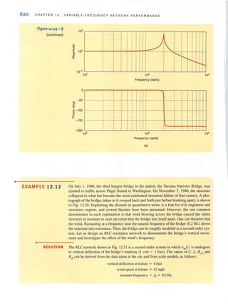 •
620 CHAPTER 12 VARIABLE· FREQUENCY NETWORK PERFORMANCE
Figure 12.29 ..t
(continued)
10'
o
g;
-50
~
::g -100
J'1
a.
- 150
-200
10"
~
103
Frequency (ract/s)
103
Frequency (rad/s)
(b)
 I"'---r-........r-.i"-t-.
104
I
104
EXAMPLE 12.12 On July I, 1940, the third longest bridge in the nation, the Tacoma Narrows Bridge, was
opened 10 traffic across Puget Sound in Washington. On November 7, 1940, the structure
collapsed in what has become the most celebrated structural failure of that century. A pho-
tograph of the bridge, taken as it swayed back and forth just before breaking apart, is shown
in Fig. l2.30. Explaining the disaster in quantitative terms is a feat for civil engineers and
structures experts, and several theories have been presented. However, the one common
denominator in each explanation is that wind blowing across the bridge caused the entire
structure to resonate to such an extent that the bridge tore itself apart. One can theori ze that
the wind, nuctuating at a frequency near the natural frequency of the bridge (0.2 Hz), drove
the structure into resonance. Thus, the bridge can be roughly modeled as a second-order sys-
tem. Let us design an RLC resonance network to demonstrate the bridge's vertical move-
ment and investigate the effect of the wind's frequency.
•
SOLUTION The RLC network shown in Fig. 12.31 is a second-order system in which v;n(t) is analogous
to vertical deflection of the bridge's roadway ( I volt = I foot). The values of C, L, RA' and
RB can be derived from the data taken at the site and from scale mndels, as follows:
vertical deflection at failure ::::: 4 feet
wind speed at failure ::::: 42 mph
resonant frequency = fo ::::: 0.2 Hz
 