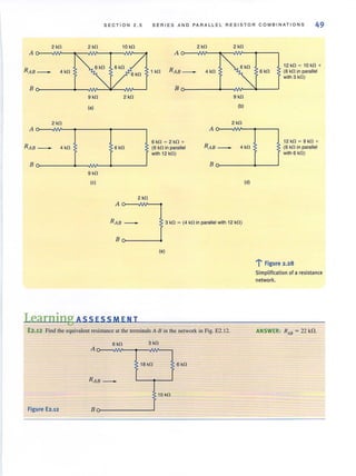 SECTION 2 . 5 SER I ES A N D PARALLEL RES I STOR COMBINA TI ONS 49
2 kO 2 kO 10 kO 2 kO 2 kO
A A
RAB _ 4 kO
6 kO
1 kO RAB _ 4kO
B B
9 kO 2 kO 9 kO
(a) (b)
2 kO 2 kO
A A
R AB _ 4 kO
6kO ~ 2kO +
6 kO (6 kO in parallel RAB _ 4 kO
with 12 kO)
B B
9 kO
(c) (d)
2 kO
A o----Iw------.
RAB _ 3 kO ~ (4 kO in parallel with 12 kO)
Bo-- - -....
(e)
Learning ASS ES S MEN T
E2.12 Find the equivalent resistance at the terminals A-B in the network in Fig. E2. 12.
6 kO 3 kO
18 kO 6 kO
RAB _
10 kO
Figure E2.12 Bo-- - - - - - '
12 kO ~ 10 kO +
6 kO (6 kO in parallel
with 3 kO)
12 kO ~ 9 kO +
(6 kQ in parallel
with 6 kO)
.... F' 8: tgure 2 .2
Simplification of a resistance
network.
ANSWER: RAB = 22 kil.
 