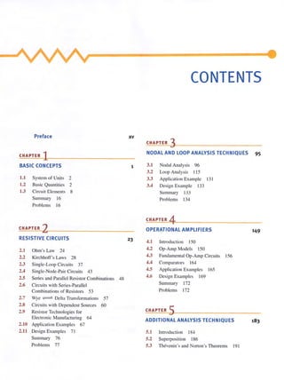 Preface
CHAPTER 1
BASIC CONCEPTS
J.I System of Units 2
1.2 Basic Quantities 2
1.3 Circuit Elements 8
Summary 16
Problems 16
CHAPTER 2
RESISTIVE CIRCUITS
2.1 Ohm's Law 24
2.2 Kirchhoff's Laws 28
2.3 Single·Loop Circuits 37
2.4 Single-Node-Pair Circuits 43
2.5 Series and Parallel Resistor Combinations 48
2.6 Circuits with Series-Parallel
Combinations of Resistors 53
2.7 Wye ~ Della Transfonmuions 57
2.8 Circuits with Dependent Sources 60
2.9 Resistor Technologies for
Electronic Manufacturing 64
2.10 Application Examples 67
2.11 Design Examples 71
Summary 76
Problems 77
xv
1
23
CONTENTS
CHAPTER 3
NODAL AND LOOP ANALYSIS TECHNIQUES 95
3.1 Nodal Analysis 96
3.2 Loop Analysis 11 5
3.3 Application Example 131
3.4 Design Example 133
Summary 133
Problems 134
CHAPTER 4
OPERATIONAL AMPLIFIERS 149
4.1 Introduction 150
4.2 Op-Amp Models 150
4.3 Fundamental Op-Amp Circuits 156
4.4 Comparators 164
4.5 Application Examples 165
4.6 Design Examples 169
Summary 172
Problems 172
CHAPTER 5
ADDITIONAL ANALYSIS TECHNIQUES
S.I Introduction 184
5.2 Superposition 186
5.3 Thevenin's and Norton 's Theorems 19 1
 