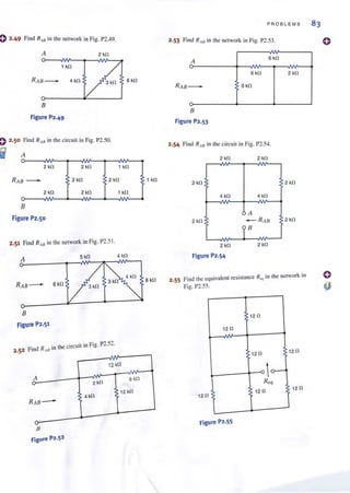 o 2·49 Find RA8 in the network in Fig. P2.49.
A 2 kfl
1 kfl
RAB _ 4 kfl 3 kfl 6 kfl
B
Figure P2.49
=> 2·50 Find RA8 in the circuit in Fig. P2.50.
i A
~~~~~~~~#-4
2 kfl 1 kfl2kfl
RAB - 2 kfl 2 kfl
2 kfl 2 kfl H fl
B
Figure P2.50
2.51 Find RA8
in the network in Fig. P2.5 1.
A 5 kfl 4 kfl
4 kfl
3 kfl
3 kfl
6 kfl
B
Figure P2·51
" " F g po 50
F
" d R in the circUit 111 I . _ .-'
2.52 In A8
r 12 kfl
A
2 kfl
6 kfl
V"
4 kfl
12 kfl
RAB -
U"
B
Figure P2·52
1 kfl
8 kfl
PROBLEMS 83
2.53 Find R,w in the network ill Fig. P2.53.
A
-
B
Figure P2.53
:
6 kfl
6kfl
6 kfl
2.54 Find R AH in the circuit in Fig. P2.54.
2 kfl 2 kfl
2 kfl
4 kfl
2 kfl
2 kfl
Figure P2.54
4 kfl
v-
A
- RAB
]8
2kfl
2 kfl
2kfl
2 kfl
2·55
" R' the network inFind the equivalent resistance tq In
Fig. P2.55.
12 fl
12 fl
12 fl 12fl
-0 
R e(f
12 !l
12 !l
Figure P2·55
o
 