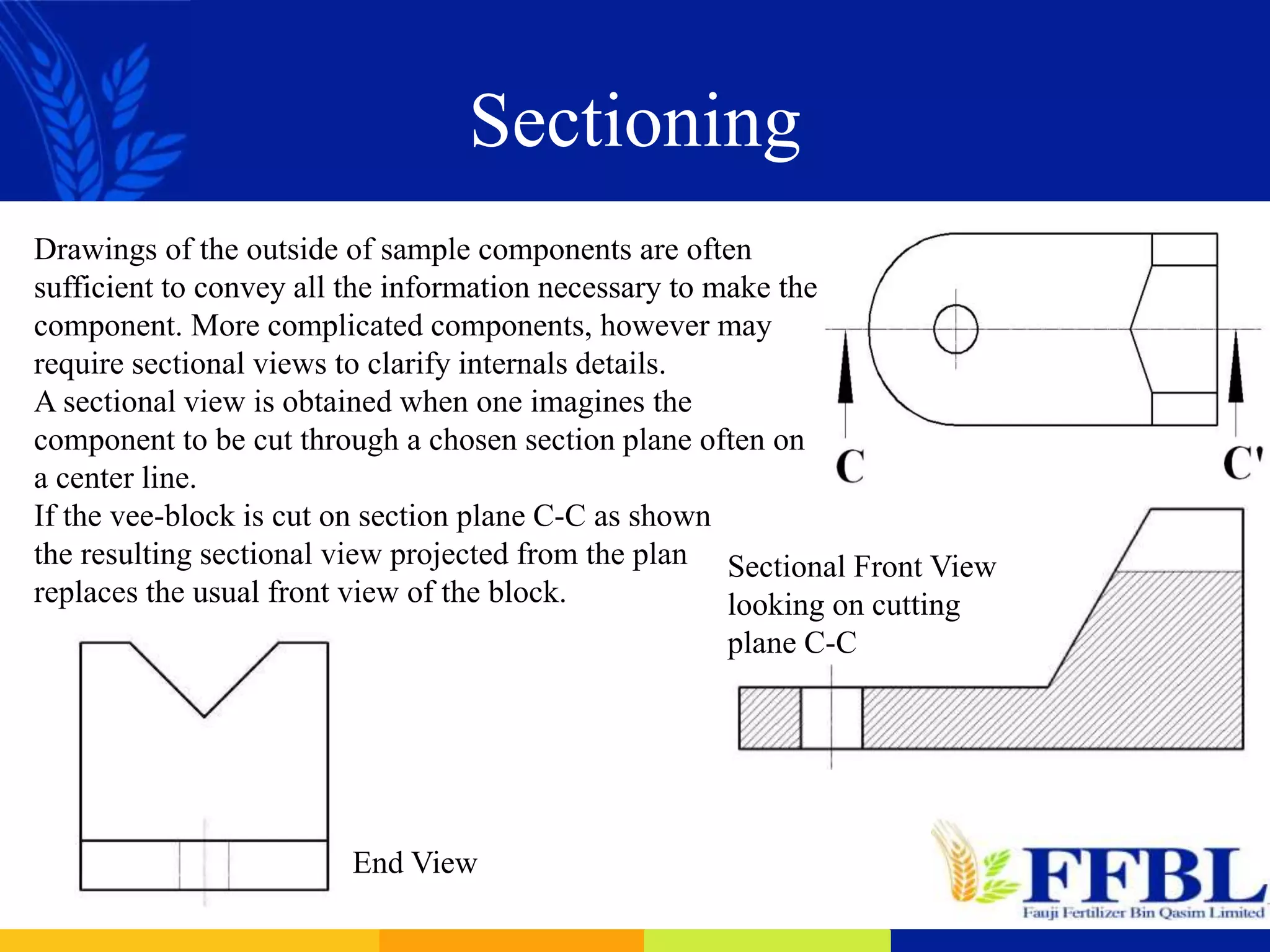 Sectioning
Drawings of the outside of sample components are often
sufficient to convey all the information necessary to make the
component. More complicated components, however may
require sectional views to clarify internals details.
A sectional view is obtained when one imagines the
component to be cut through a chosen section plane often on
a center line.
If the vee-block is cut on section plane C-C as shown
the resulting sectional view projected from the plan
replaces the usual front view of the block.
Sectional Front View
looking on cutting
plane C-C
End View
 