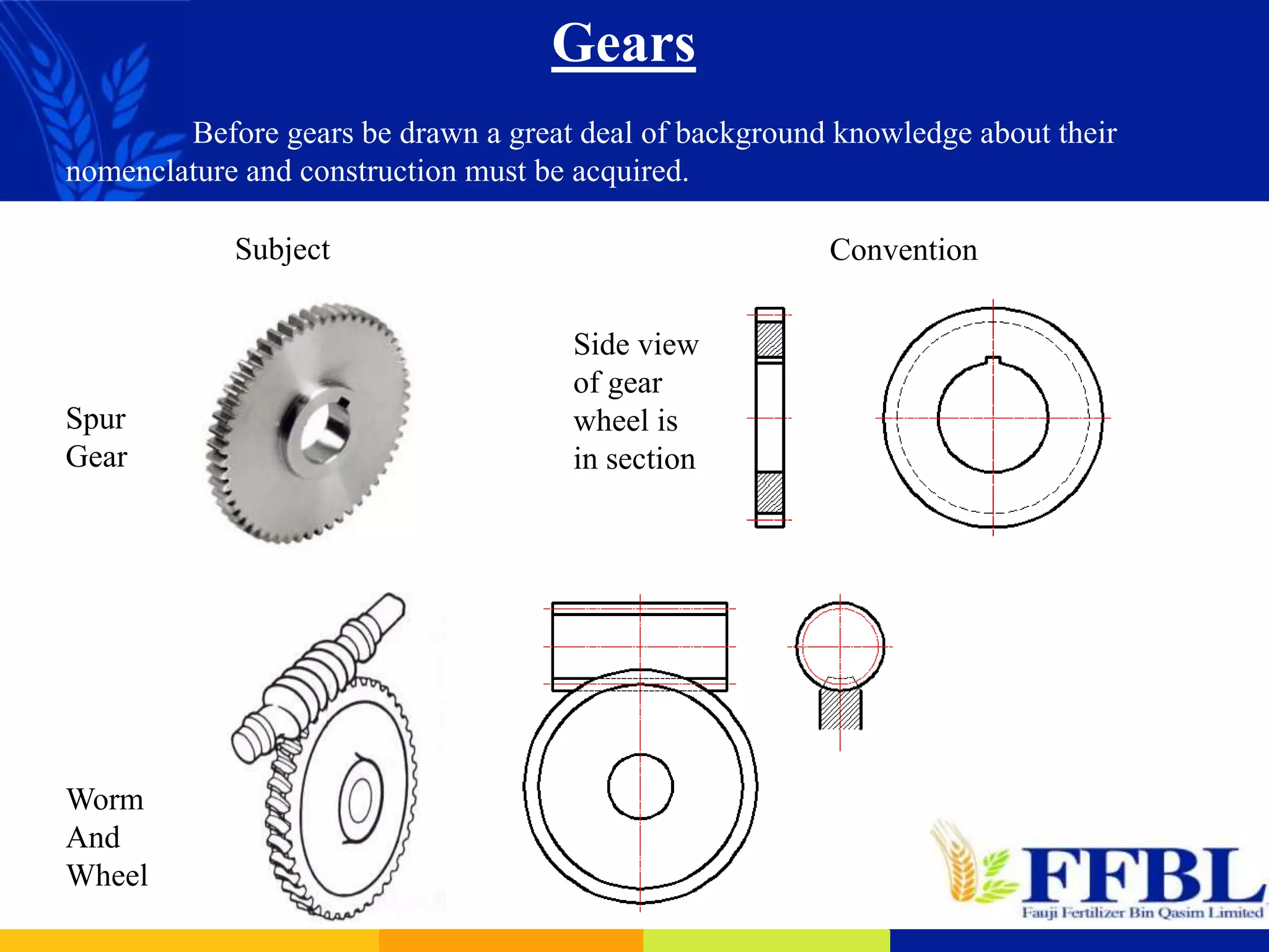 Gears
Before gears be drawn a great deal of background knowledge about their
nomenclature and construction must be acquired.
Subject Convention
Side view
of gear
wheel is
in section
Spur
Gear
Worm
And
Wheel
 