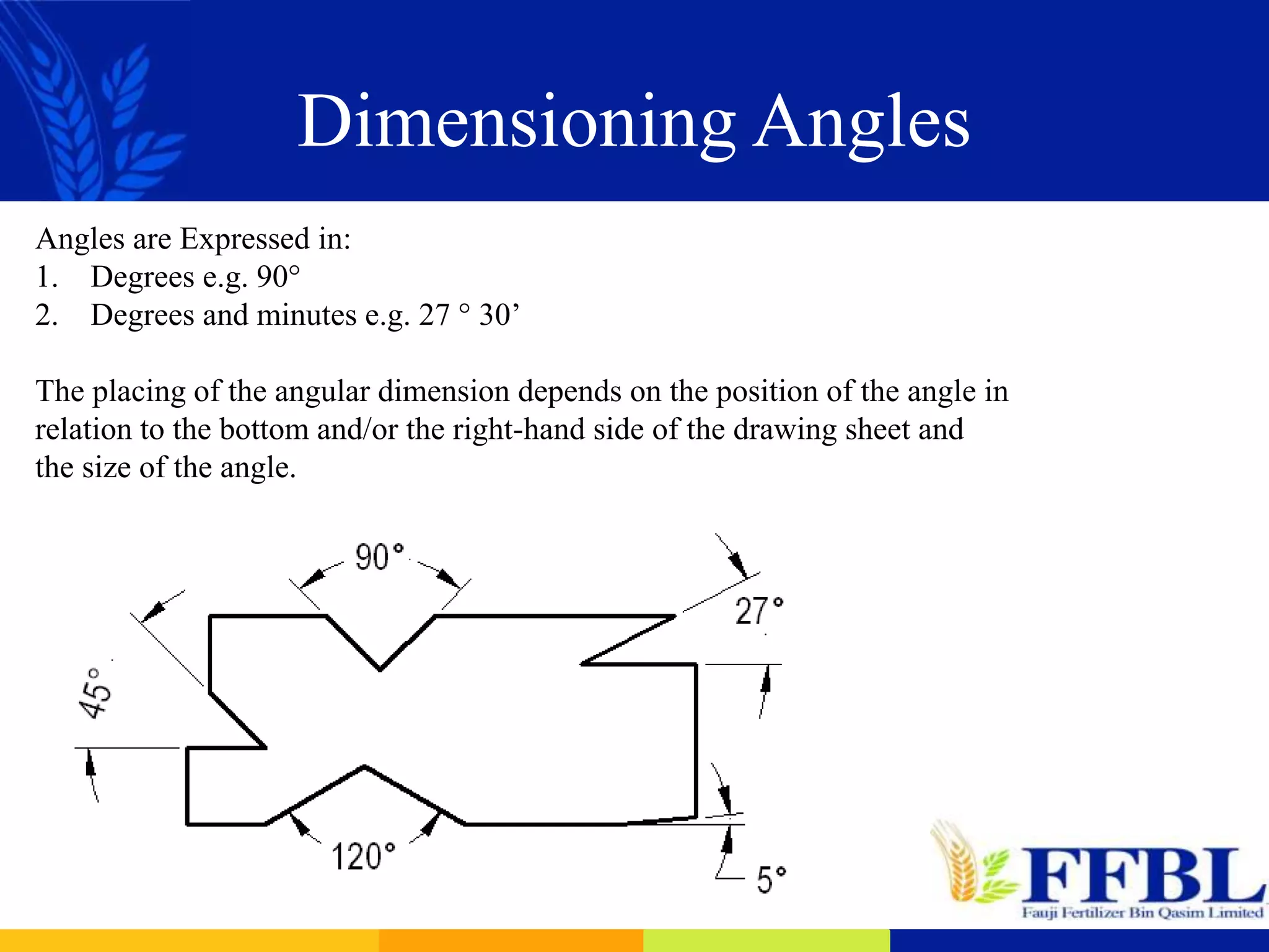 Dimensioning Angles
Angles are Expressed in:
1. Degrees e.g. 90°
2. Degrees and minutes e.g. 27 ° 30’
The placing of the angular dimension depends on the position of the angle in
relation to the bottom and/or the right-hand side of the drawing sheet and
the size of the angle.
 