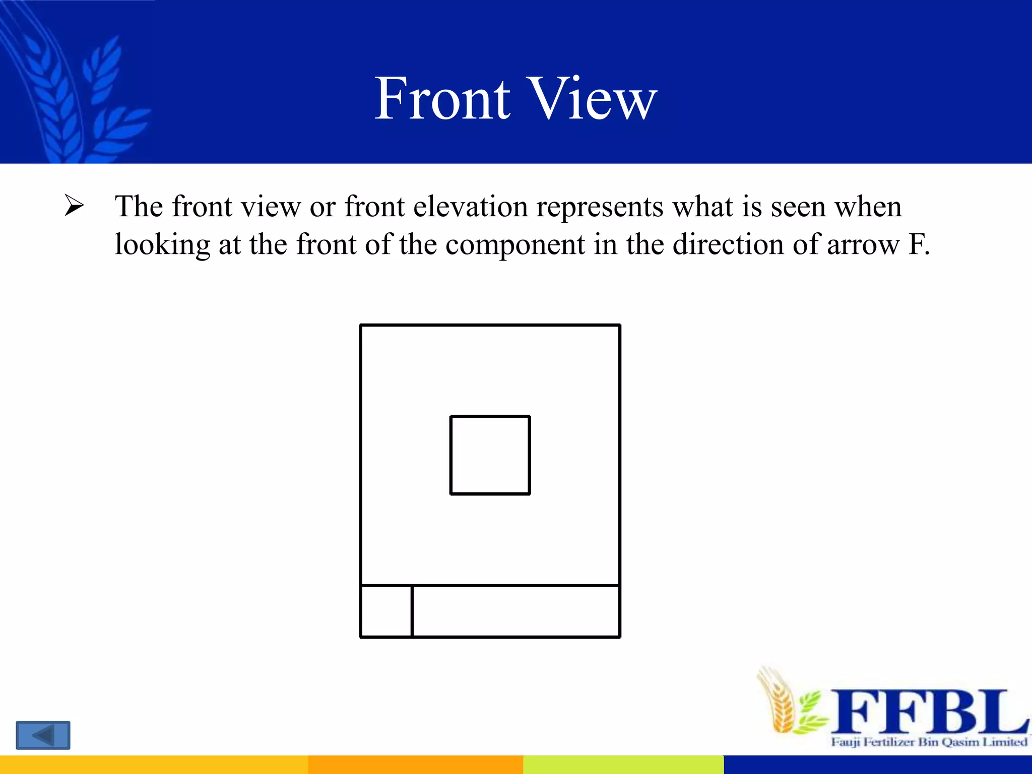 Front View
 The front view or front elevation represents what is seen when
looking at the front of the component in the direction of arrow F.
 