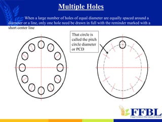 Multiple Holes
When a large number of holes of equal diameter are equally spaced around a
diameter or a line, only one hole need be drawn in full with the reminder marked with a
short center line.
That circle is
called the pitch
circle diameter
or PCD
 