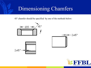 Dimensioning Chamfers
45° chamfer should be specified by one of the methods below:
 