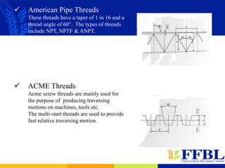  American Pipe Threads
These threads have a taper of 1 in 16 and a
thread angle of 60°. The types of threads
include NPT, NPTF & ANPT.
 ACME Threads
Acme screw threads are mainly used for
the purpose of producing traversing
motions on machines, tools etc.
The multi-start threads are used to provide
fast relative traversing motion.
 
