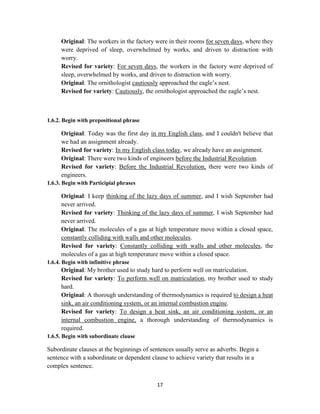 17
Original: The workers in the factory were in their rooms for seven days, where they
were deprived of sleep, overwhelmed by works, and driven to distraction with
worry.
Revised for variety: For seven days, the workers in the factory were deprived of
sleep, overwhelmed by works, and driven to distraction with worry.
Original: The ornithologist cautiously approached the eagle‘s nest.
Revised for variety: Cautiously, the ornithologist approached the eagle‘s nest.
1.6.2. Begin with prepositional phrase
Original: Today was the first day in my English class, and I couldn't believe that
we had an assignment already.
Revised for variety: In my English class today, we already have an assignment.
Original: There were two kinds of engineers before the Industrial Revolution.
Revised for variety: Before the Industrial Revolution, there were two kinds of
engineers.
1.6.3. Begin with Participial phrases
Original: I keep thinking of the lazy days of summer, and I wish September had
never arrived.
Revised for variety: Thinking of the lazy days of summer, I wish September had
never arrived.
Original: The molecules of a gas at high temperature move within a closed space,
constantly colliding with walls and other molecules.
Revised for variety: Constantly colliding with walls and other molecules, the
molecules of a gas at high temperature move within a closed space.
1.6.4. Begin with infinitive phrase
Original: My brother used to study hard to perform well on matriculation.
Revised for variety: To perform well on matriculation, my brother used to study
hard.
Original: A thorough understanding of thermodynamics is required to design a heat
sink, an air conditioning system, or an internal combustion engine.
Revised for variety: To design a heat sink, an air conditioning system, or an
internal combustion engine, a thorough understanding of thermodynamics is
required.
1.6.5. Begin with subordinate clause
Subordinate clauses at the beginnings of sentences usually serve as adverbs. Begin a
sentence with a subordinate or dependent clause to achieve variety that results in a
complex sentence.
 